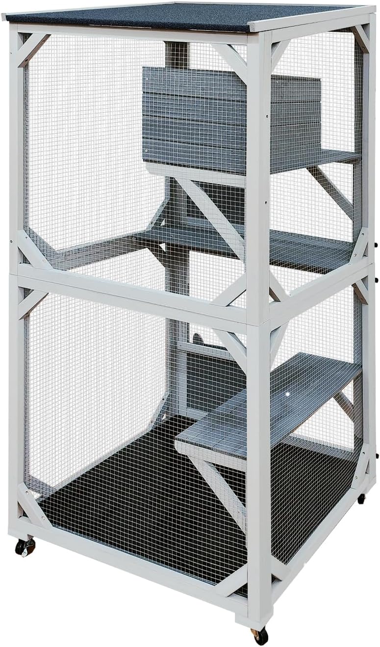 30.7" Wooden Catio Outdoor Cat Enclosure, Cat House on Wheels with 4 Platforms,Napping House & Weatherproof Asphalt Roof, Kitty Cage Shelter with Sliding Doors,Gray