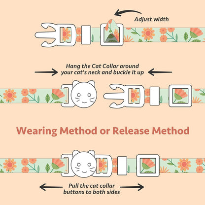 2 Pack Cotton Breakaway Cat Collar Beige and Green Flowers Pendant Cute Kitten Cat Collar with Bell