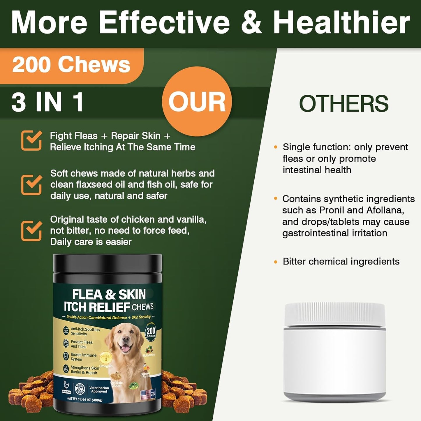 Dog Flea and Tick Prevention Allergy Chews Omega 3 for Dogs Treatment Chewable Natural Flea and Tick Skin and Coat Supplement Immune Dog Chews Yeast Relief Prevention for Dogs Itching and Licking