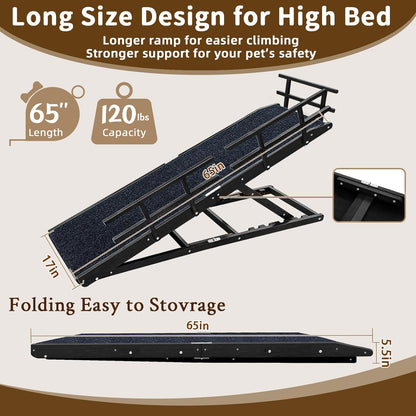 Dog Ramp for Bed - 65" Length, Supports up to 32" Height,Includes Non-Slip Replaceable Carpet, Safety Rails & Landing Platform,Adjustable & Foldable Pet Ramp for Large/Senior Dogs to Get on Bed-Black