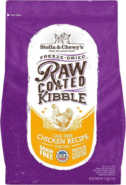 Stella & Chewy's Raw Coated Cat Food - High Protein, Grain-Free Kibble with Cage-Free Chicken - Premium Digestive Support with Probiotics - Natural Small Kibble - Perfect For Picky Eaters - 2.5lb Bag