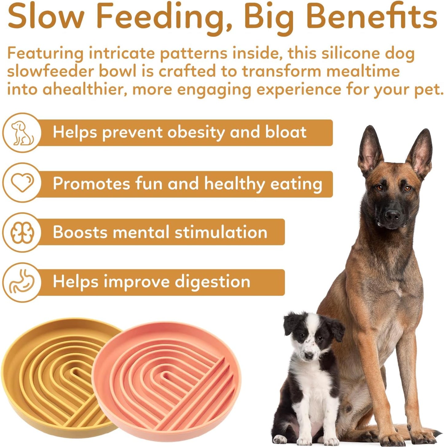 Slow Feeder Dog Bowls, Silicone Dog Bowl with Suction Cups, Slow Feeder & Non-Slip Design, Boredom and Anxiety Reducer, Suitable for All Breed Dogs, Yellow