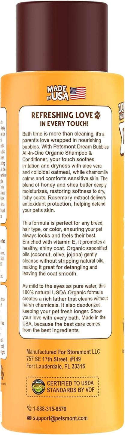 Petsmont Dream Bubbles Organic Shampoo + Conditioner for Dogs and Cats - Oatmeal Shampoo for Sensitive Skin, Anti Itch Conditioner 2 in 1 Dog Itch Relief - 16oz
