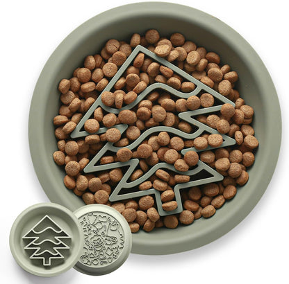 Premium Christmas Silicone Slow Feeder Dog Bowls for Healthy Eating Habits with Non-Slip Design, Dishwasher and Microwave Safe Suitable for Small Medium Large Breed (Grey-Green Christmas Tree)