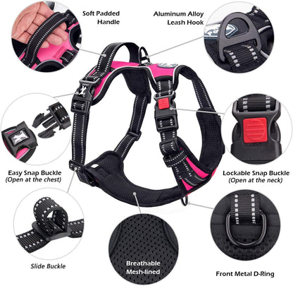 PoyPet No Pull Dog Harness, No Choke Front Lead Dog Reflective Harness, Adjustable Soft Padded Pet Vest with Easy Control Handle for Small to Large Dogs(Pink, Medium)