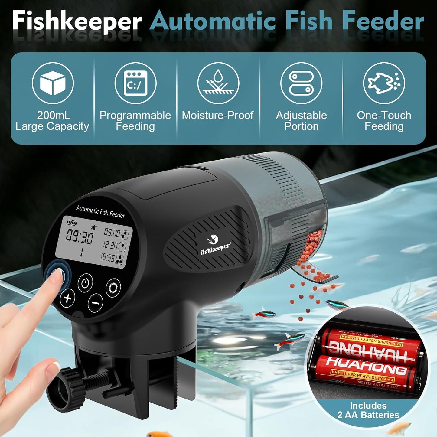 fishkeeper Automatic Fish Feeder for Aquarium - Moisture-Proof and Precision Feeding Auto Fish Food Dispenser with LCD Display Adjustable Betta Vacation Feeder with 2 AA Batteries (200ml)