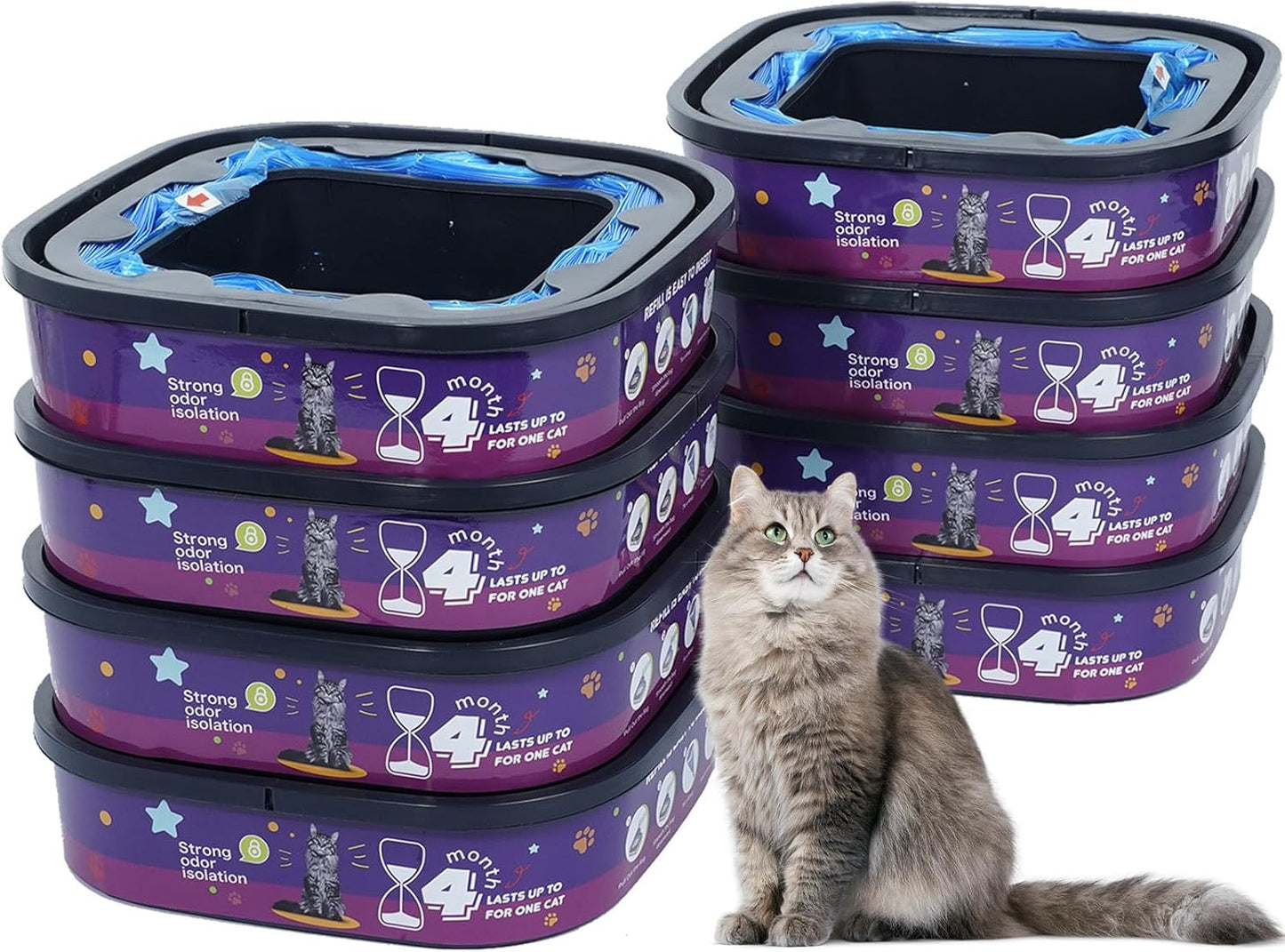 8 Pack Cat Litter Refill Bags Cartridge Compatible with Genie Cat Litter Standard, Plus and XL Plus Pails Easy-Lock Odor Control (NOT Compatible with XL)