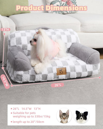 KSIIA Dog Bed Small Dog Beds Waterproof Cat Couch with Supportive Armrests for Puppy and Kitten Pet Couch Machine Washable Pet Sofa with Removable Cover & Anti-Slip Bottom, 26 x 14.5 in, Grey