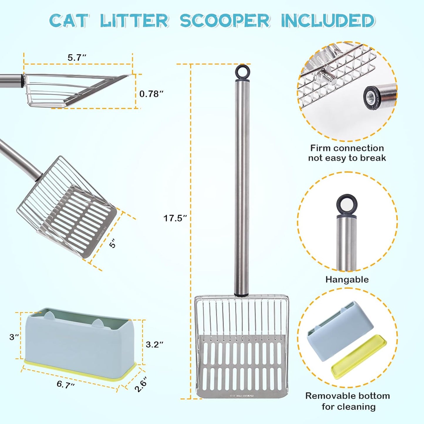 Metal Cat Litter Scoop with Holder Stainless Steel Kitten Poop Scooper, 17.5" Heavy Duty Pet Poop Sifter for Cat Box, Long Handle Large Waste Shovel, Fast Sifting Big Clumps, Solid & Durable