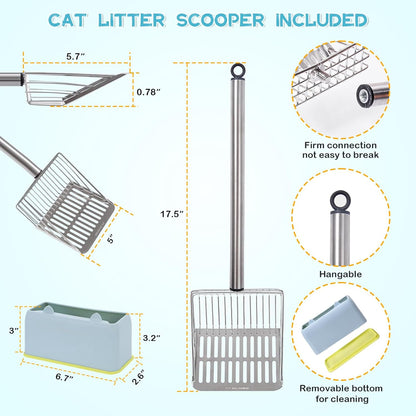 Metal Cat Litter Scoop with Holder Stainless Steel Kitten Poop Scooper, 17.5" Heavy Duty Pet Poop Sifter for Cat Box, Long Handle Large Waste Shovel, Fast Sifting Big Clumps, Solid & Durable