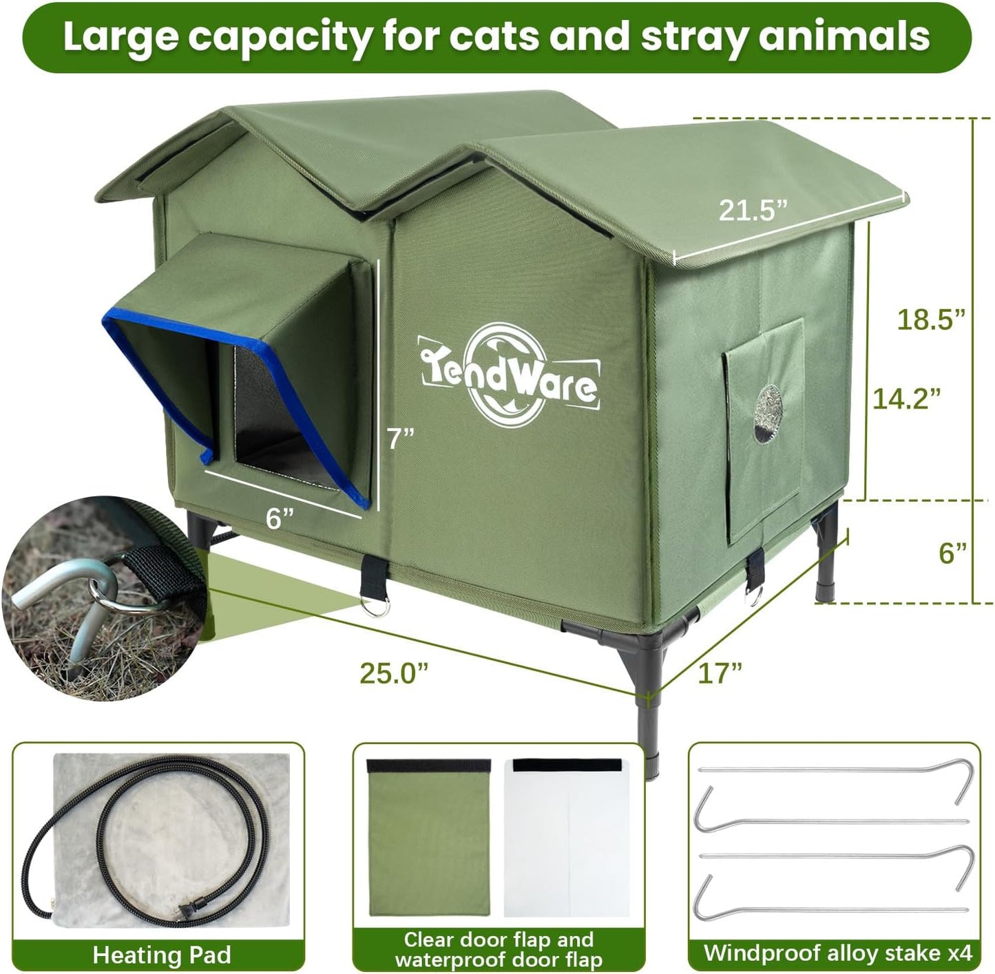 Outdoor Cat House Heated Cat House for Outside with Elevated Base Cat-Attracting Eave Design Feral Stray Shelter Weatherproof in Winter Garage Yard Porch