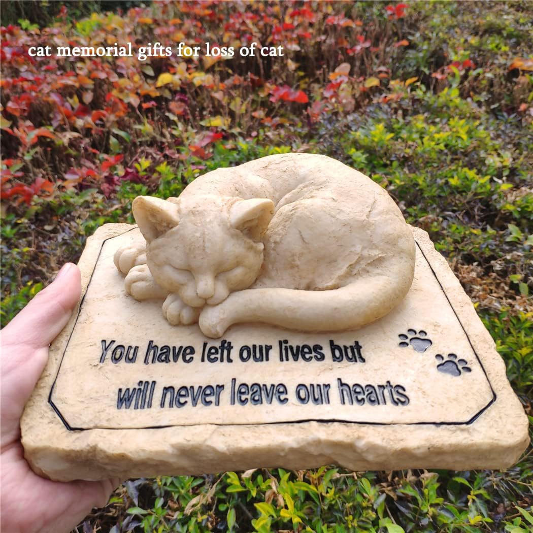 Cat Memorial Stones Grave Markers with A Sleeping Cat Statue on The Top - Cat Garden Stones Grave Stones Cemetery Markers Sympathy Cat Memorial Gifts Loss Gifts Outdoors, 8.5"x7"x3.5"