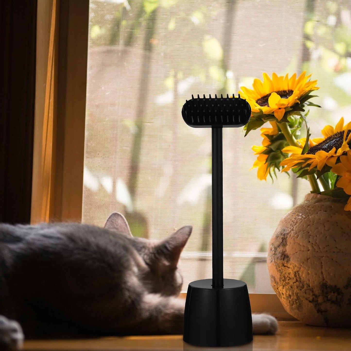 Multi-Functional Cat Grooming Comb and Pet Cleaning Brush with Storage Base, Black, Portable Shedding and Massage Tool for Cats and Dogs