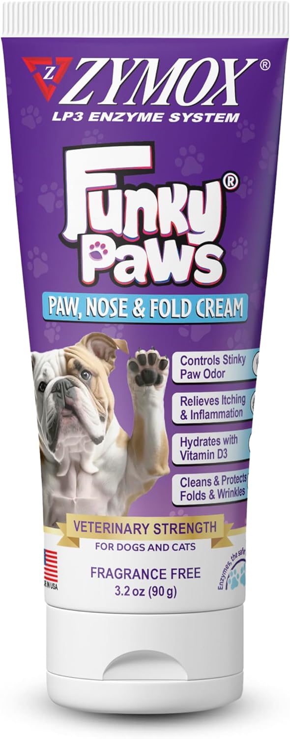 Zymox Funky Paws - Paw, Nose & Fold Cream for Dogs & Cats - Veterinary Strength - Reduces Corn Chip Feet Smell - Hydrates & Soothes The Skin - Relieves Itching & Irritation - Fragrance Free - 90g