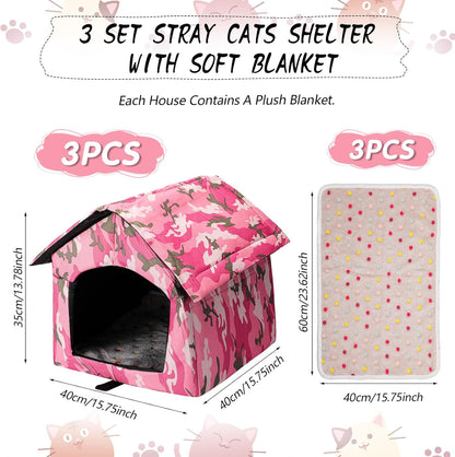 3 Set Waterproof Stray Cats Shelter Cat Houses for Outdoor Winter Warm Foldable Pet Cave with Soft Blankets Animal Tent Bed for Winter Feral Puppy Weatherproof(Style 2,Pink)