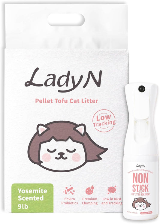 Cat Litter Box Optimizer Set: Non-Stick Spray & Pellet Tofu Litter Woody 9lb - Alcohol-Free, Food Grade Oil, Strong Clumping, Low Tracking