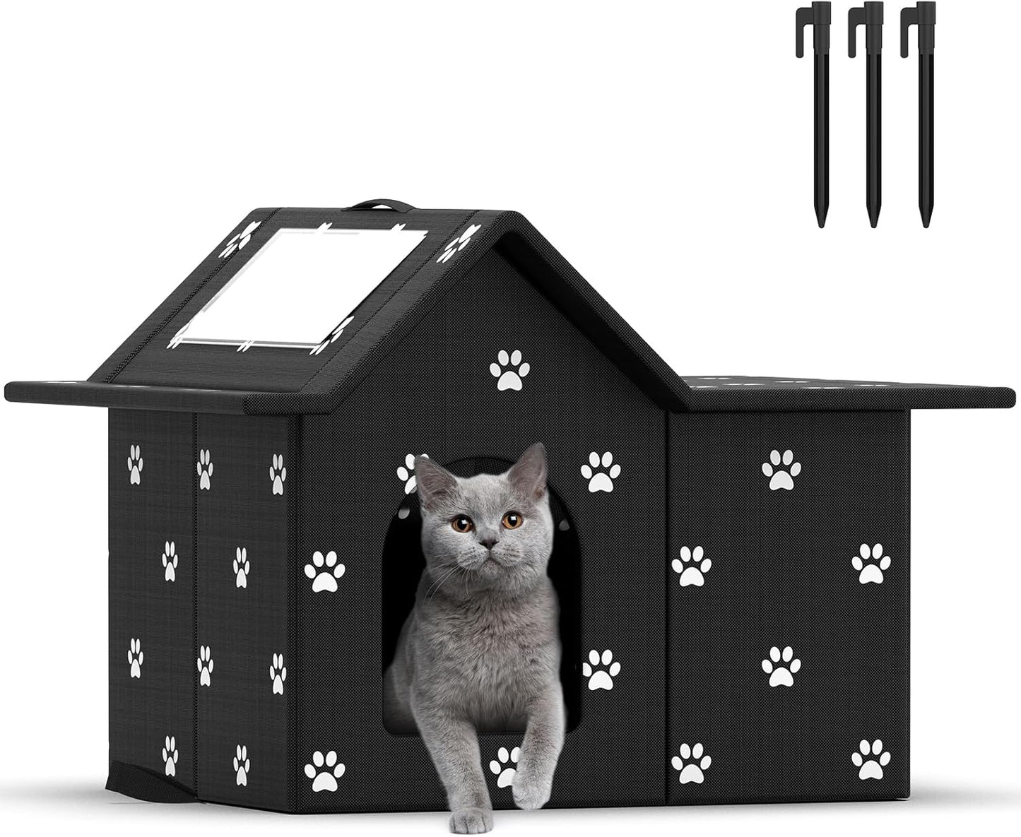 Outdoor Cat House Weatherproof, Large Feral Cat House for Winter, Collapsible Outdoor Cats Shelter in Winter with Door and Soft Mat, Easy to Assemble (Black)