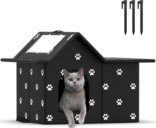 Outdoor Cat House Weatherproof, Large Feral Cat House for Winter, Collapsible Outdoor Cats Shelter in Winter with Door and Soft Mat, Easy to Assemble (Black)