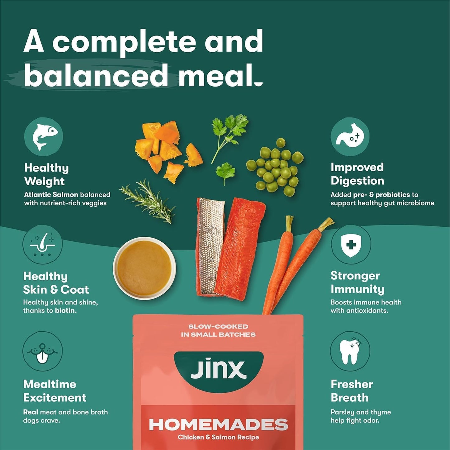 Jinx Dog Food Bundle - 4lb Salmon Dry Dog Food & 8-Pack Homemades Salmon & Chicken Wet Food Pouches (3-oz)