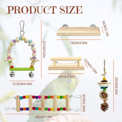 5-in-1 Parakeet Toys Set: Detachable Bird Playground with Wooden Perch, Swing, Ladder, & Platform Cage Accessories for Cockatiel, Conure, Lovebird, Budgie, Finch