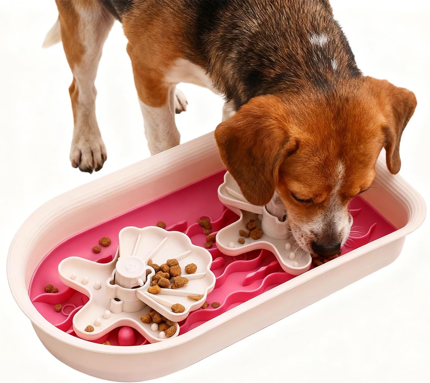 Large Slow Feeder Dog Bowls, Dog Puzzle Slow Feeder Bowls with Lick Mat and Puzzle Inserts for Large Dogs with Non-Slip Base, Removable Puzzle Inserts Easy to Clean (Pink)