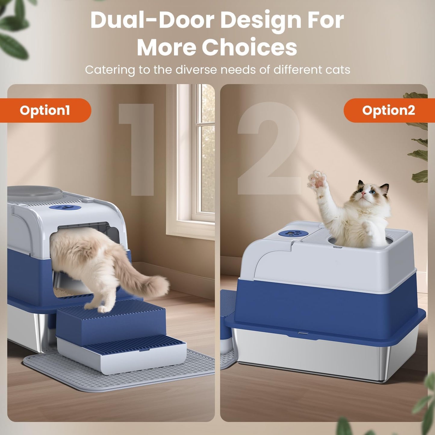 Stainless Steel Litter Box with Lid, XXL Top Entry Extra Large Litter Box Enclosure for Kitty & Big Cats, Non-Stick Metal Cat Pan with Dual Storage Footboard, Trapping Mat & Scoop Included