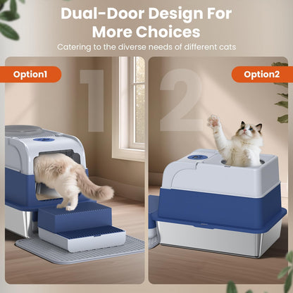 Stainless Steel Litter Box with Lid, XXL Top Entry Extra Large Litter Box Enclosure for Kitty & Big Cats, Non-Stick Metal Cat Pan with Dual Storage Footboard, Trapping Mat & Scoop Included