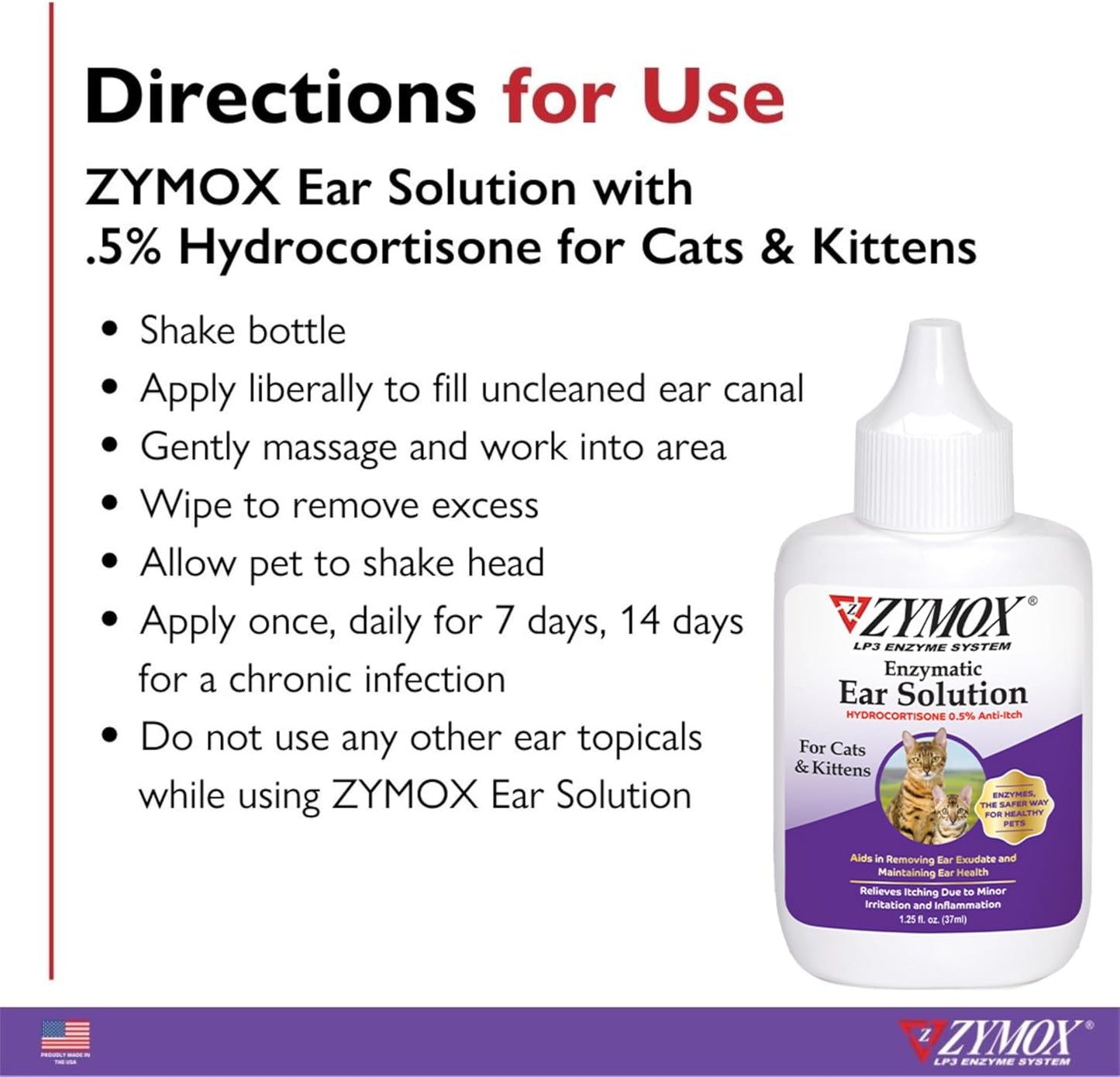 Zymox Enzymatic Ear Solution with 0.5% Hydrocortisone for Cats & Kittens, 1.25 oz. – Cleans & Refreshes Ear Canal for Relief from Wax, Dirt Buildup, Itchiness, Irritation, Inflammation & Redness