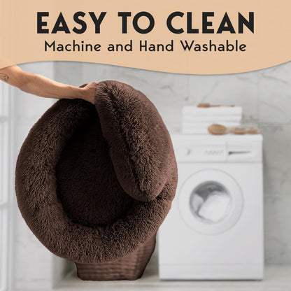 PetJett Calming Dog Bed Medium Size Dog - 30'' Donut Bed, Anti-Slip & Washable Super Soft Fluffy Plush Round Bed, Anti-Anxiety Premium Comfort Pet Bed, Fits Dogs up to 45 lbs - Brown