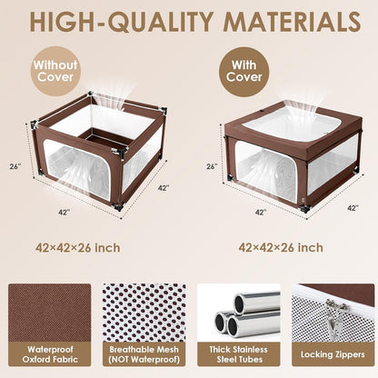 EHEYCIGA 42x42x26 Inches Puppy Playpen with Top Cover for Dogs & Cats Indoor or Outdoor - Dog Playpen with Door, Dog Fence for Small Animal with Heavy-Duty Oxford & Steel Frame, Brown