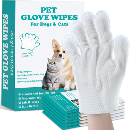Pet Glove Wipes for Dogs and Cats - Dog Washing Gloves, Cat Bathing Wipes, Individually Wrapped, Moisture-Rich Thickened, Cleaning & Deodorizing, Hypoallergenic, Rinse Free for Grooming and Travel
