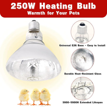 Heat Lamp Bulbs for Chickens Infrared Heat Lamp 250W Incandescent Spotlight for Brooder Coops Pets Chicks Reptiles Food Service (2 Packs)