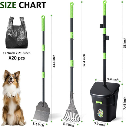 Dog Pooper Scooper, Long Handle Adjustable Metal Swivel Bin & Rake & Spade Kit with 20 Waste Bags, Portable Heavy Duty Dog Poop Scooper for Gravel Lawn, Suit for Small Medium Large Dog