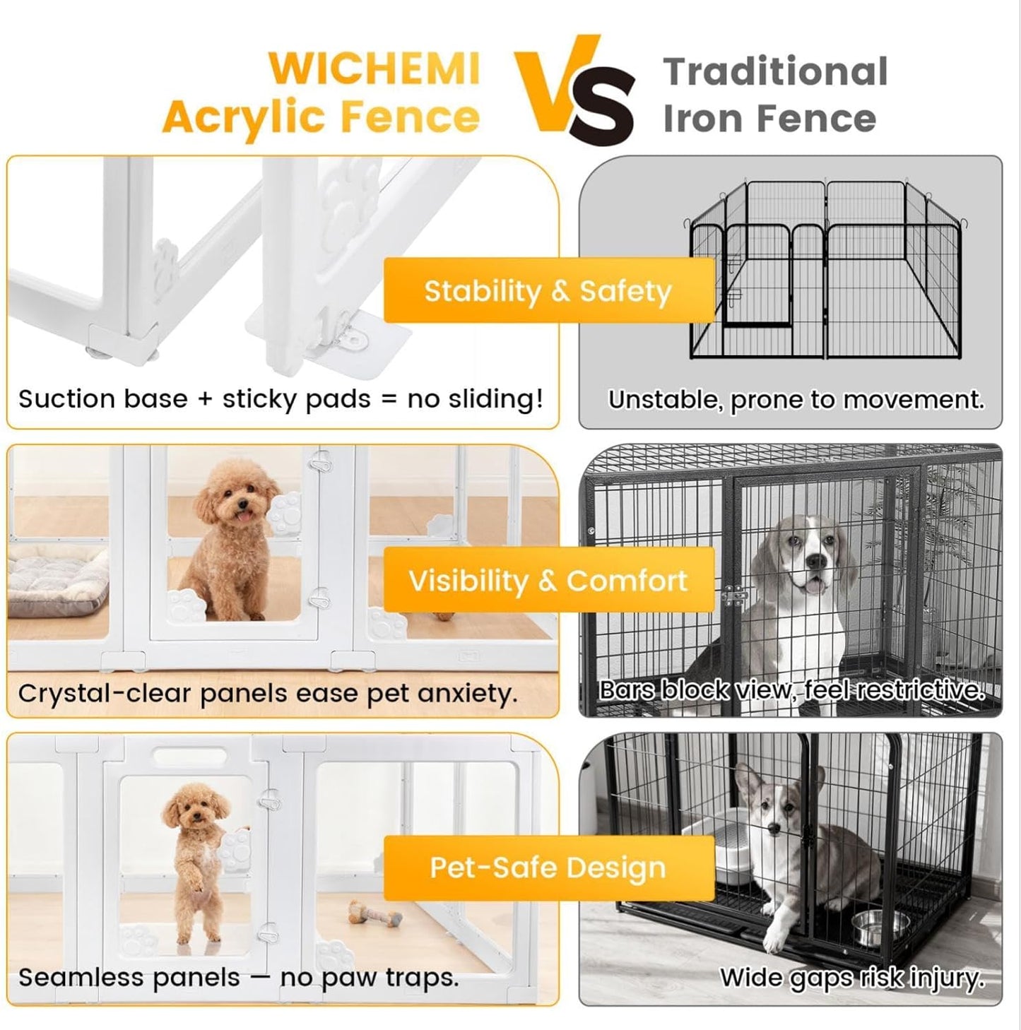 WICHEMI Acrylic Dog Playpen Indoor 10 Panels, Dog Play Pen Indoors 23.6" H, Puppy Play Pen with Double Door Lock, Small Animal Playpen with Suction Cup, White