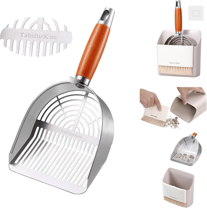 Custom 40% Thicker Side Edges 304 Stainless Steel Metal Cat Litter Scoop with Holder Stand Small Broom & Dustpan - Durable, Anti-Break Handle