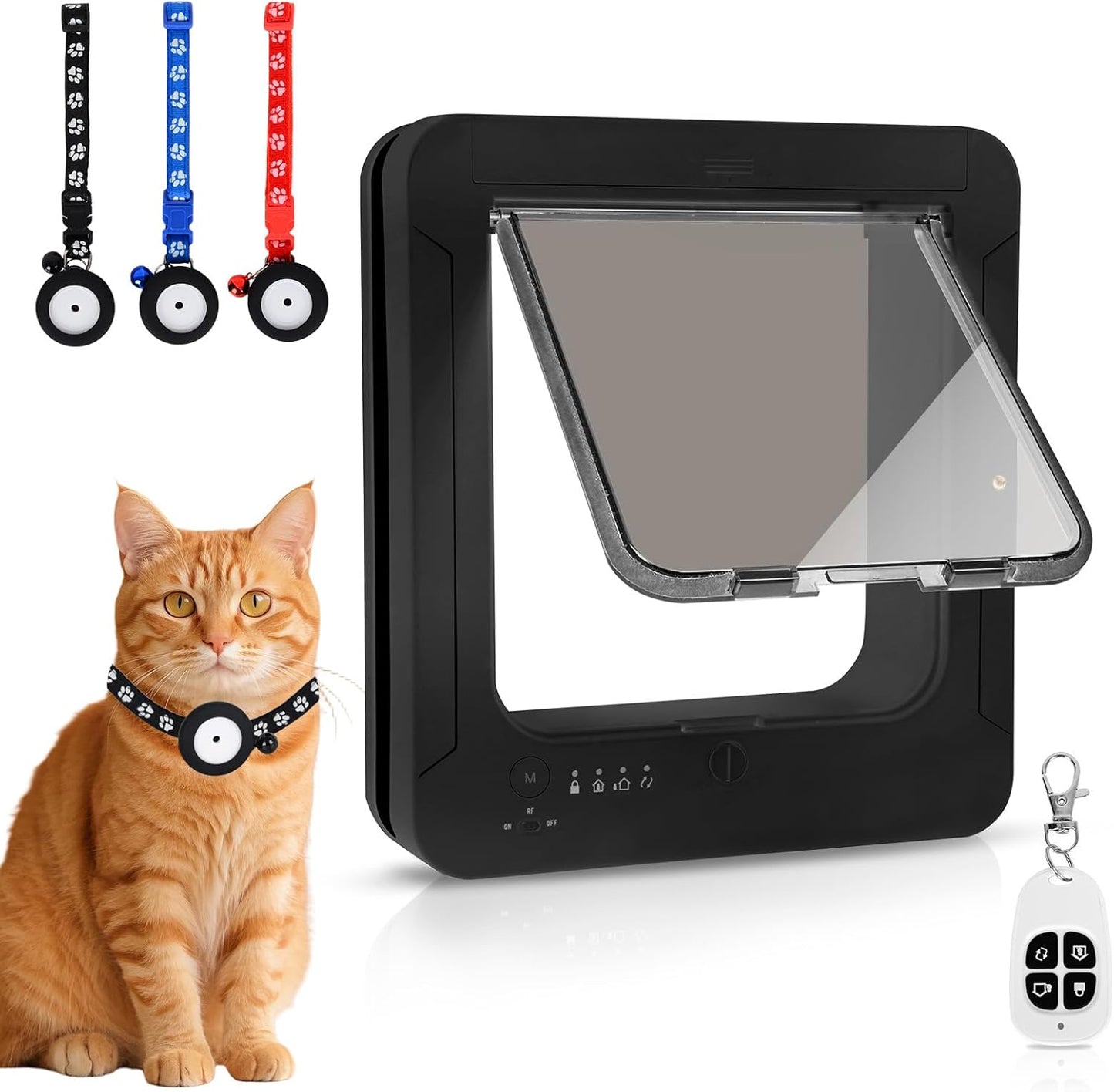 Smart Cat Door for Interior & Exterior, Flap Opening is 7.67’’ (H) by 7'' (W), RFID Cat Pet Door with 3 RFID Collar Sensor Keys & 1 Remote & 4 Way Locking Cat Flap, Automatic Opening Cat Door (Black)