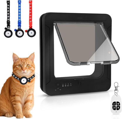 Smart Cat Door for Interior & Exterior, Flap Opening is 7.67’’ (H) by 7'' (W), RFID Cat Pet Door with 3 RFID Collar Sensor Keys & 1 Remote & 4 Way Locking Cat Flap, Automatic Opening Cat Door (Black)