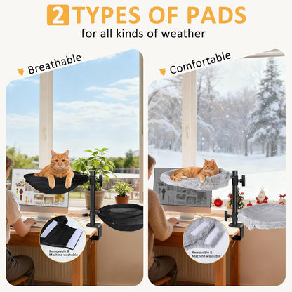 Topmart Double-Deck Cat Desk Bed with 360° Rotating & Adjustable Height, Cat Hammock for Desk with 4 Washable Pads, Kittens Bed for Desk Attachment for Home Office,Up to 45LBS, Grey & Black