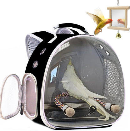 Bird Travel Carrier Bubble Window Backpack with Mirror Parrot Standing Toy,Portable Parrot Cage Backpack with Stand Perch, Pet Travel Bag for Cockatiels,Parrots,Love Bird,Small Birds