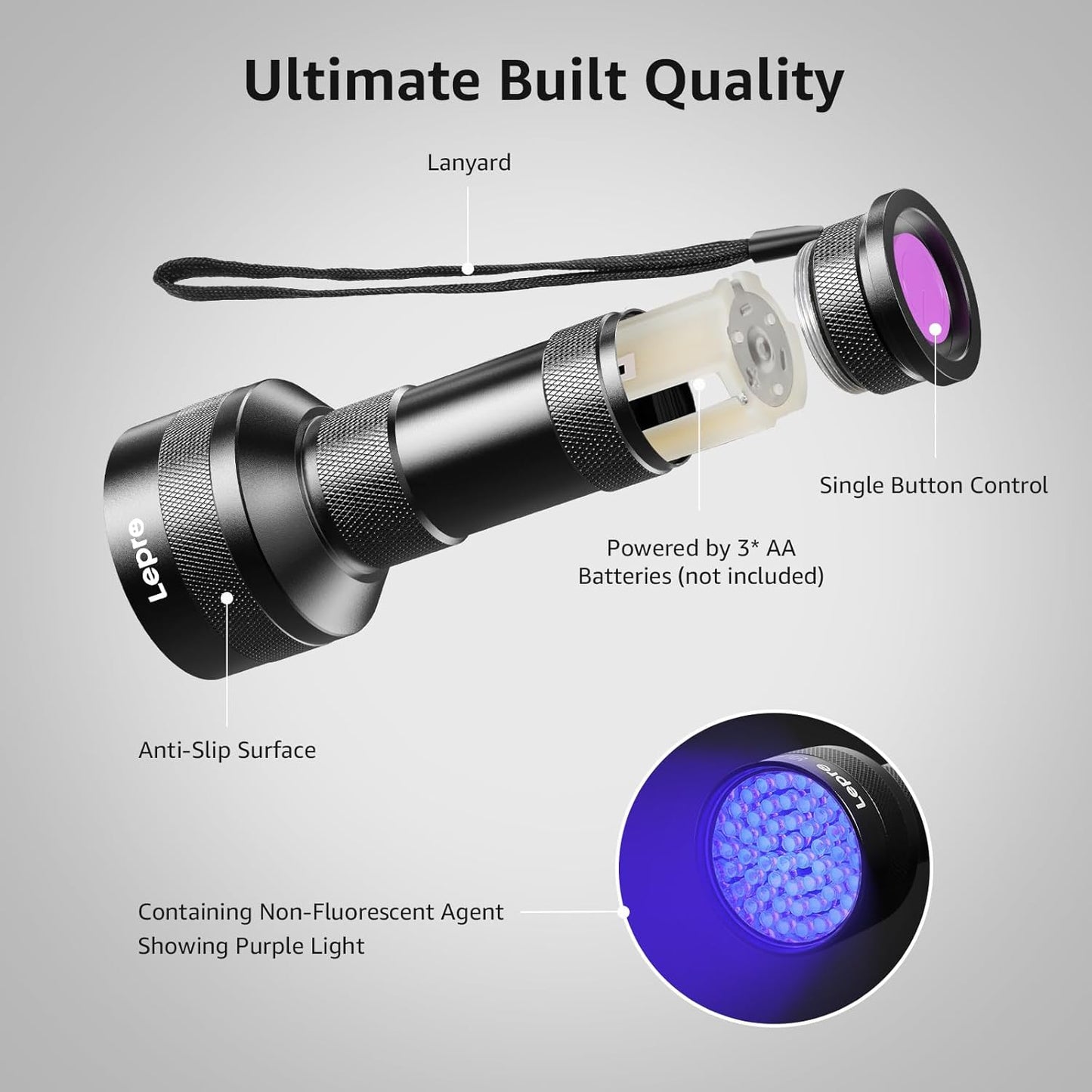 Lepro 51 LEDs UV Light Handheld Blacklight, UV Flashlight Black Light, 395nm Detector for Pet Urine, Stains, Bed Bug and Scorpions, Battery Not Included