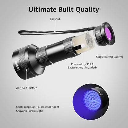 Lepro 51 LEDs UV Light Handheld Blacklight, UV Flashlight Black Light, 395nm Detector for Pet Urine, Stains, Bed Bug and Scorpions, Battery Not Included