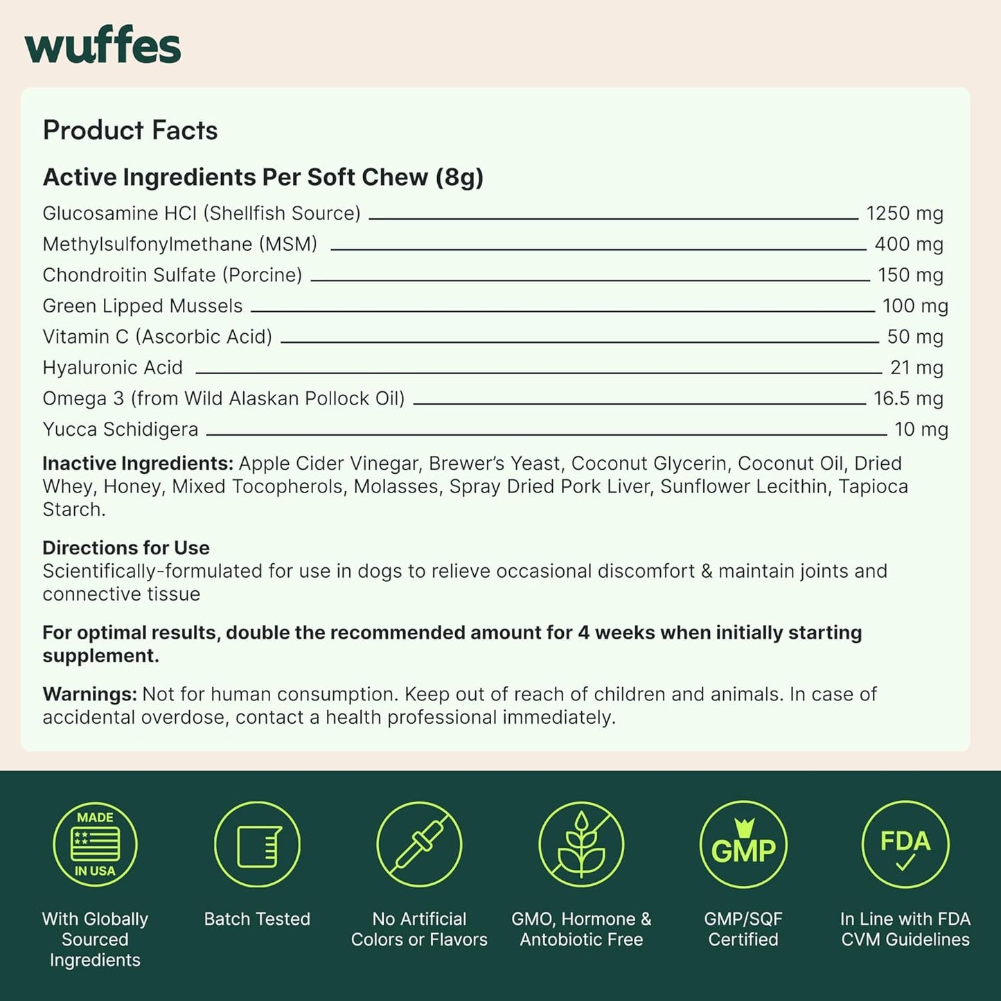 Wuffes Advanced Dog Hip and Joint Supplement with Glucosamine, Chondroitin, Omega 3, MSM, and Green Lipped Mussel, 30 Pork Flavored Chews for Large Dog Breeds