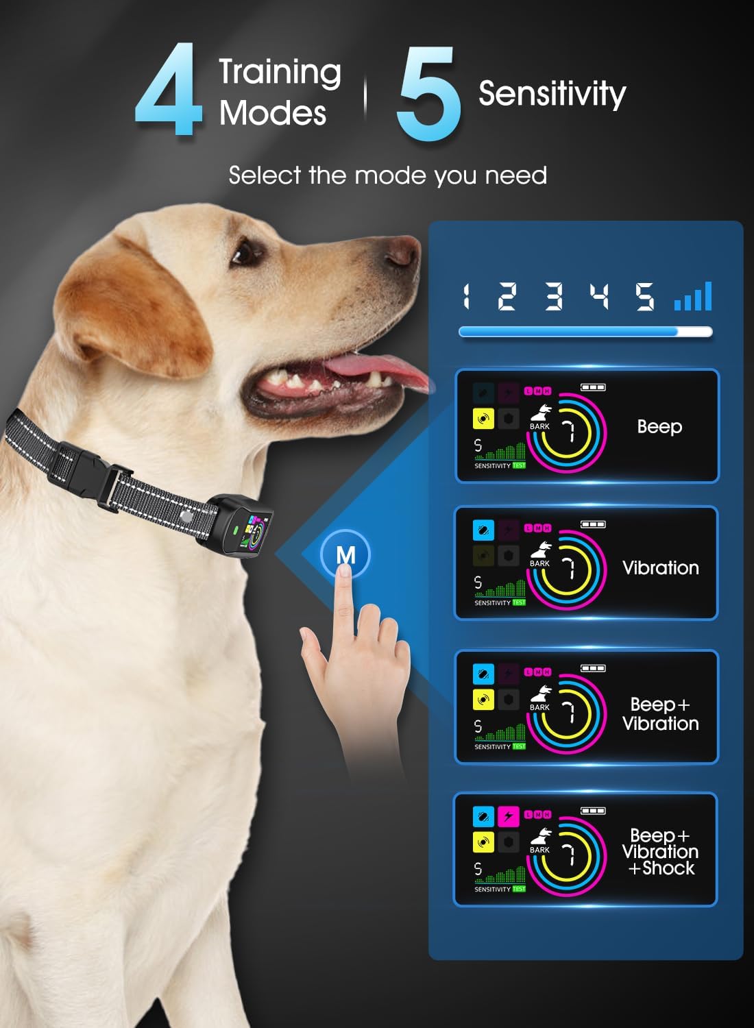 Smart Dog Bark Collar, Anti Barking Training Collar with 4 Training Modes, 5 Adjustable Sensitivity Levels, Waterproof and Magnetic Charging, Smart Bark Collar for Large Medium Small Dogs (Black)