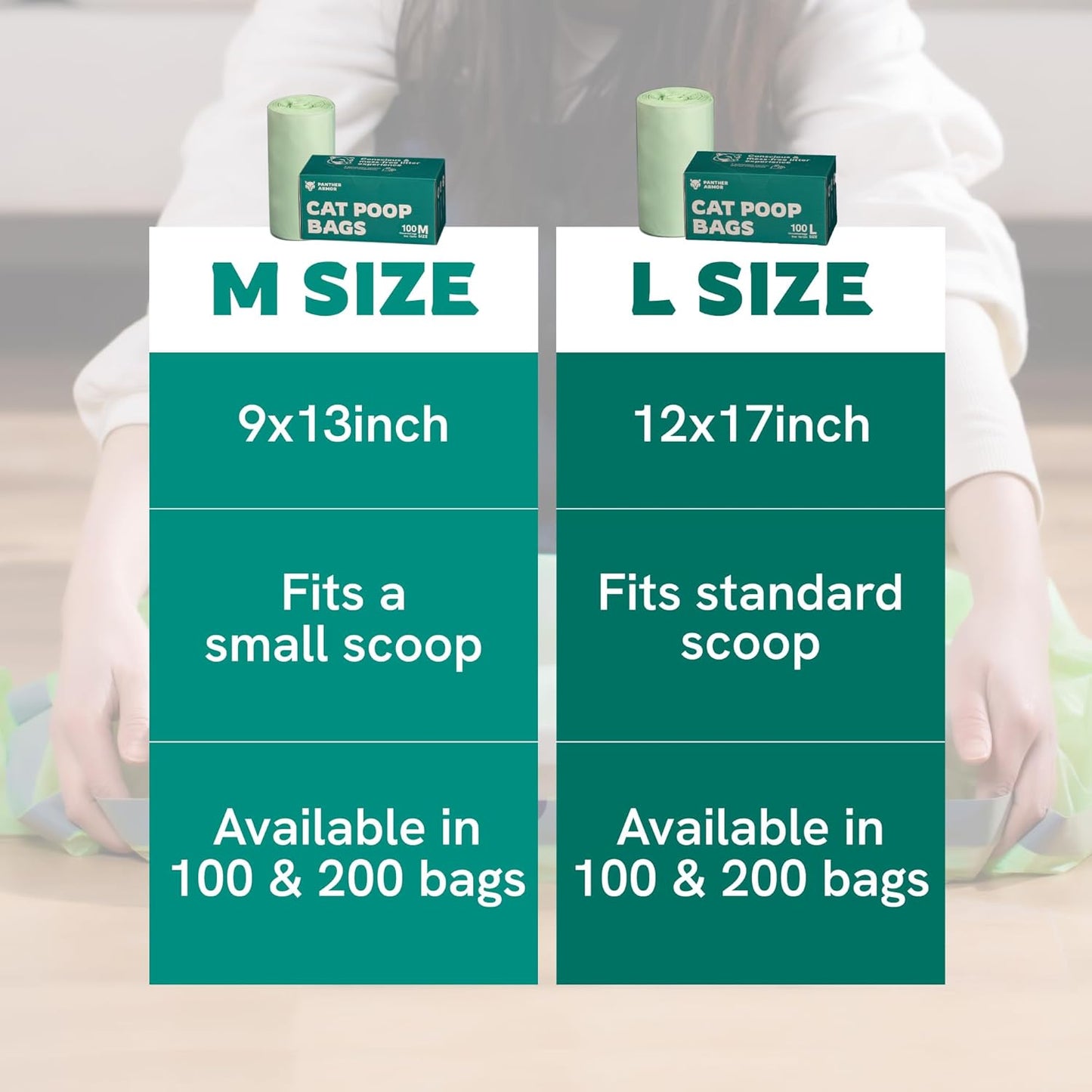 Panther Armor Cat Litter Bags, 100 Large Compostable Unscented Poop Bags -16x12in Super Large Kitty - Leak Proof Box Trash - Odor Proof Cat Disposal