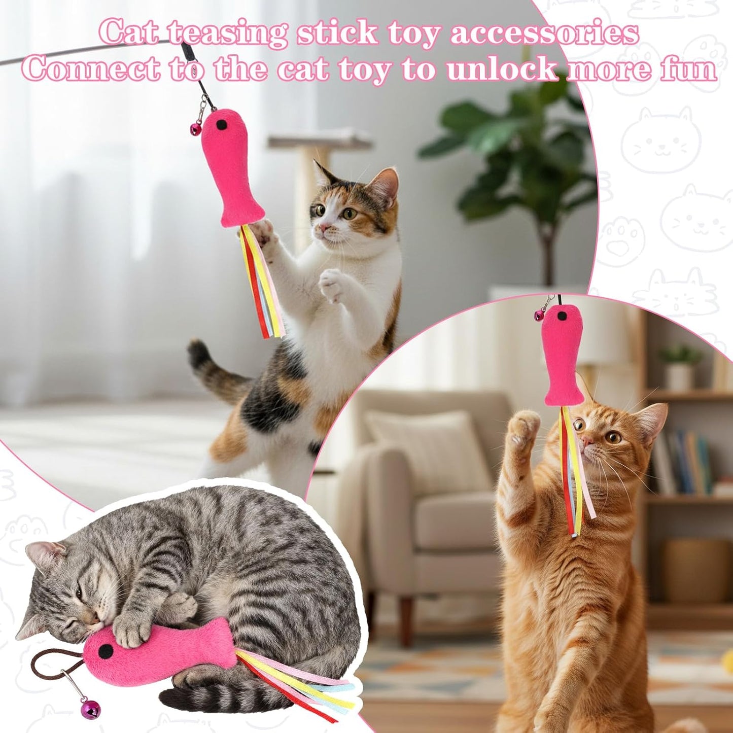 5 PCS Fish and Mice Catnip Toys Plush Filled, Cat Toys Pink Fish Catnip Toy for Cats Flopping Cats Fishs Toy Filled Soft Plush, Premium CatWandToy Accessories with Ribbons for Indoor CatKitten Play