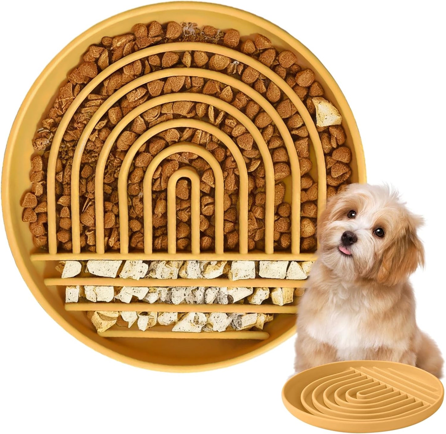 Slow Feeder Dog Bowls, Silicone Dog Bowl with Suction Cups, Slow Feeder & Non-Slip Design, Boredom and Anxiety Reducer, Suitable for All Breed Dogs, Yellow