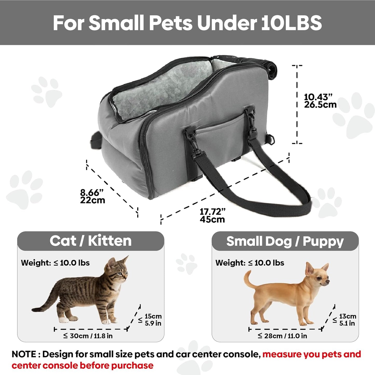 Cat Car Seat Center Console with Harness for Pets Under 10 Lbs, Cat Carrier for Car Armrest, Middle Console Dog Bed Small Dogs, Travel & Portable & Safe, Kitten Puppy Small Pet, 0-10 Lbs