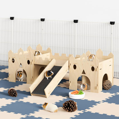 Guinea Pig Hideout House, Deluxe Wooden Hamster Hideout with Climbing Ladder & Rest Zone, Bunny Castle Tower Toy for Guinea Pig Chinchilla Gerbil Hedgehog Small Animal House Habitat Hut
