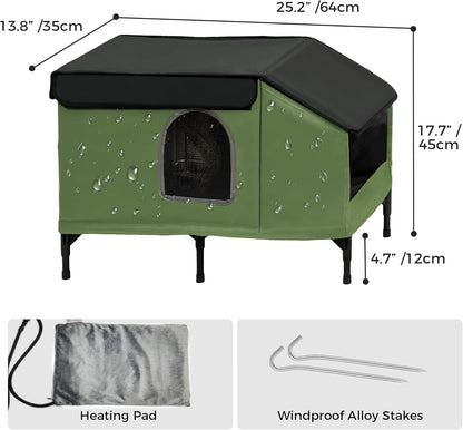 Heated Cat House for Outside, Outdoor Cat House Featuring Escape Door & Dinning Room in Winter, 100% Waterproof Cat Shelter with Heater for Strays, Ferals Barn Cat, Insulated Warm House