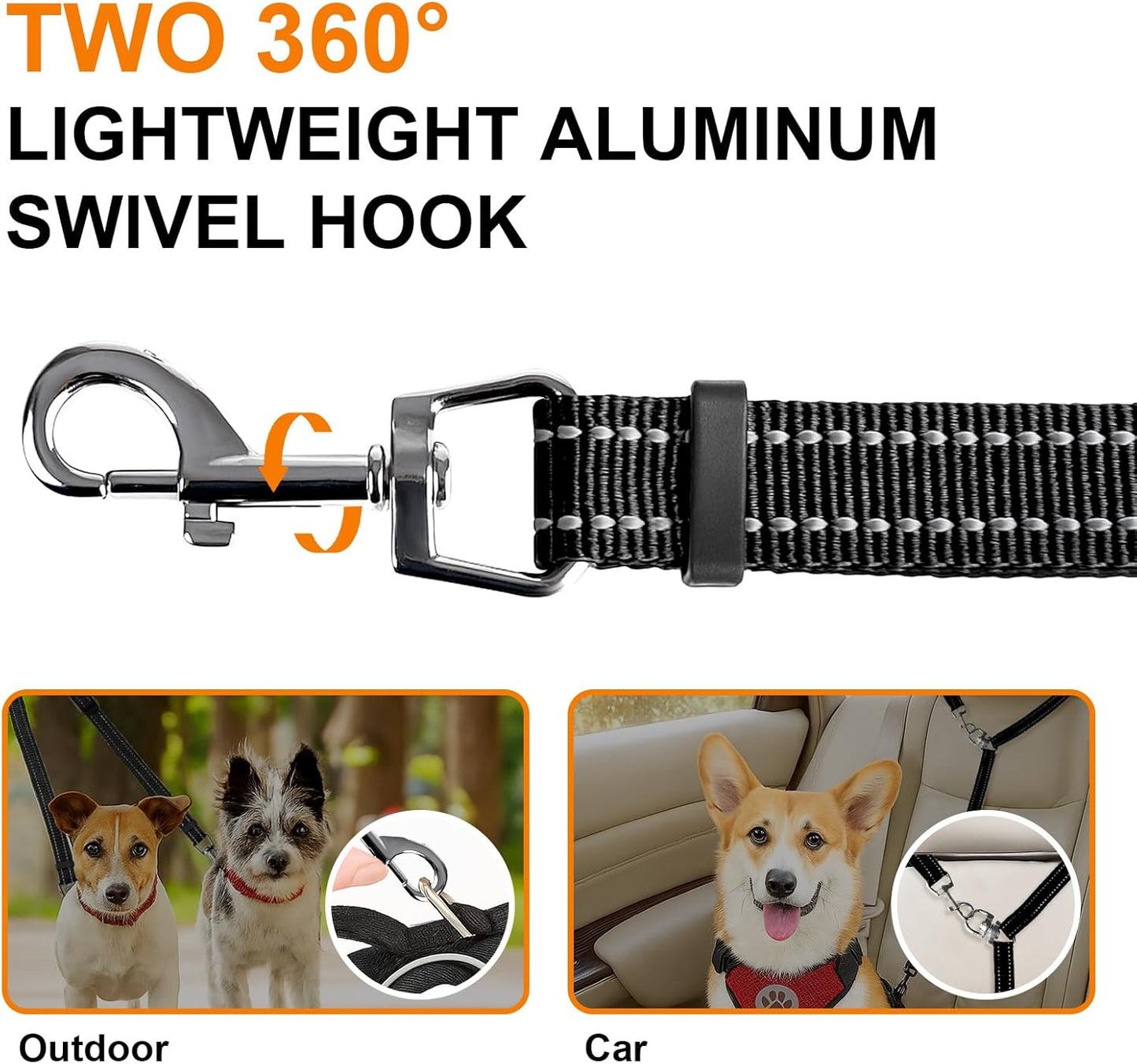 MingXpet Double Dog Leash for Two Dogs, No Pull Dog Leash, 360° Swivel No Tangle for Small Dogs Walking & Training, Shock Absorbing Reflective Bungee, Black